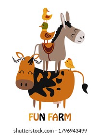 poster with fun animals standing on top of each other - vector illustration, eps