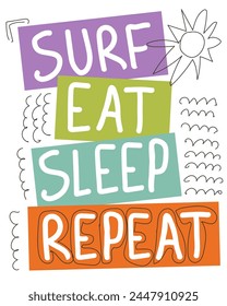 Poster with fun quote "Surf Eat Sleep Repeat". Word on colorful backgrounds. Hand drawn lettering with doodle elements.