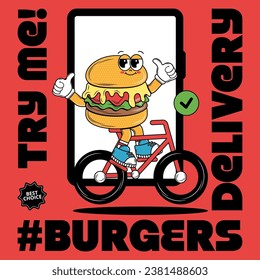 Poster with funky cartoon Characters Burgers in groovy style. Retro card for delivery service. Vintage hippie design and slogan for burger bar, restaurant, social media, posts. Vector illustration.