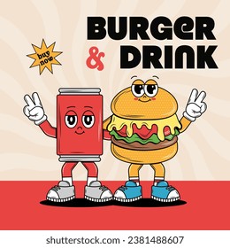 Poster with funky cartoon Characters Burgers and Drink in groovy style. Retro card for delivery service. Vintage hippie design and slogan for burger bar, restaurant, cafe, social media, posts. Vector