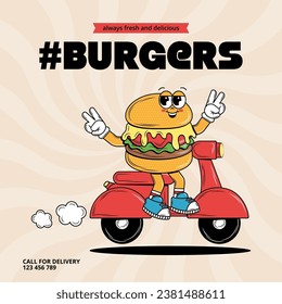 Afiche con divertidos personajes de caricatura Burgers al estilo groovy. Tarjeta retro para el servicio de entrega. Diseño hippie vintage y eslogan para barra de hamburguesas, restaurante, medios sociales, posts. Ilustración vectorial.