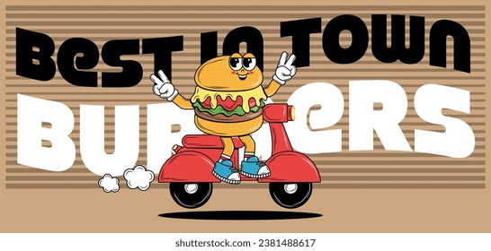 Poster with funky cartoon Characters Burgers in groovy style. Retro card for delivery service. Vintage hippie design and slogan for burger bar, restaurant, social media, posts. Vector illustration.