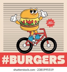 Afiche con divertidos personajes de caricatura Burgers al estilo groovy. Tarjeta retro para el servicio de entrega. Diseño hippie vintage y eslogan para barra de hamburguesas, restaurante, medios sociales, posts. Ilustración vectorial.