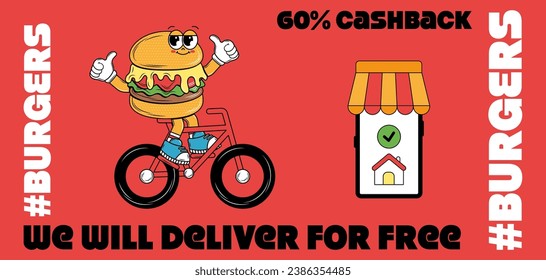 Poster with funky cartoon Characters Burgers in groovy style. Retro card for delivery service. Vintage hippie design and slogan for burger bar, restaurant, social media, posts. Vector illustration.