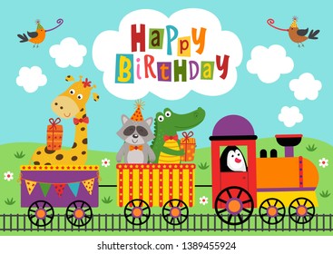 poster funny animals ride the train Happy Birthday - vector illustration, eps