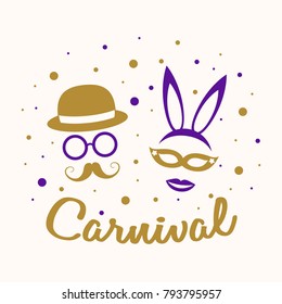 Poster with funny costumes for Carnival Party. Vector.