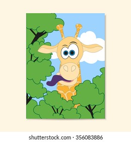 Poster with funny giraffe in cartoon style. Vector illustration.