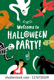 Poster with funny halloween cartoon characters. Editable vector format.