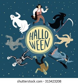 Poster with funny Halloween cartoon characters dancing around the moon. Editable vector format.