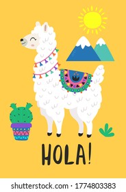 poster with funny llama and cactus
-  vector illustration, eps
