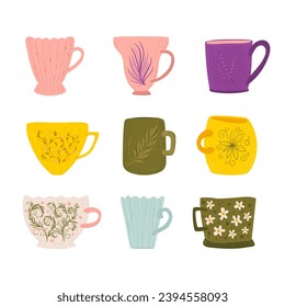 poster with funny mugs. multi-colored mugs in a cozy style