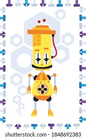 Poster with funny robot in cartoon style. Cute trendy background for kids room design, postcards, shirts. Vector illustration