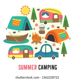 poster funny summer camping  - vector illustration, eps