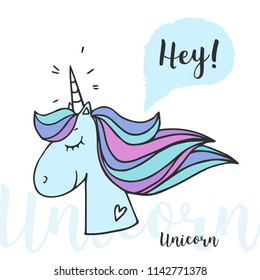 Poster with funny unicorn for your design. Vector illustration