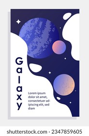 Poster with galaxy concept. Travel and adventure, scienrific expedition. Planets near stars and inscription. Template, layout and mock up. Cartoon flat vector illustration isolated on grey background