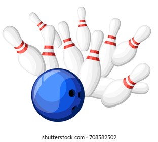 Poster games in the bowling club. Vector background design with strike at alley ball skittles. Flat illustration. Web site page and mobile app design Vector illustration.