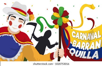 Poster with Garabato character holding a decorated wand and death character silhouette behind it holding a scythe, celebrating Barranquilla's Carnival (written in Spanish), under a confetti shower.