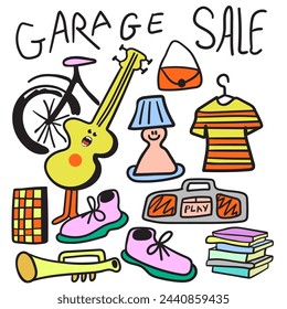 poster for a garage sale in doodle style in vector. template for poster banner advertising postcard sticker design