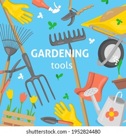 Poster with garden tools and plants. Garden and spring set, hand-drawn elements. Colorful vector illustration on a blue background.
