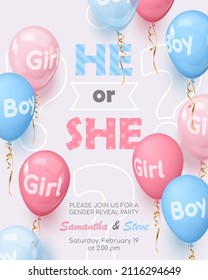 Poster for gender reveal party with  realistic pink and blue balloons with text boy, girl, gold ribbons. Vector illustration for card, , design, flyer, poster, decor, banner, web, advertising. 