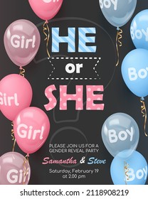 Poster for gender reveal party with  realistic pink and blue balloons with text boy, girl, gold ribbons. Vector illustration for card, , design, flyer, poster, decor, banner, web, advertising. 