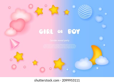 Poster for a gender reveal party. Vector illustration in realistic style with clouds, stars and moon