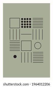 Poster with geometric shapes on a grey background. Contemporary art. Minimalism. Vintage illustration with circles, lines. Template for wallpapers, covers, and T-shirt prints.