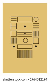 Poster with geometric shapes on a yellow background. Contemporary art. Minimalism. Vintage illustration with circles, lines. Template for wallpapers, covers, and T-shirt prints.