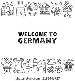 Afiche con monumentos nacionales alemanes y atracciones al estilo doodle sobre fondo blanco. Bienvenido a Alemania. Concepto de turismo bávaro.