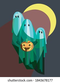 Poster with ghost in polygon style. Pleasant colors and intresting design of spooky print.