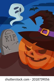 Poster with ghost and pumpkin head. Halloween postcard design in cartoon style.