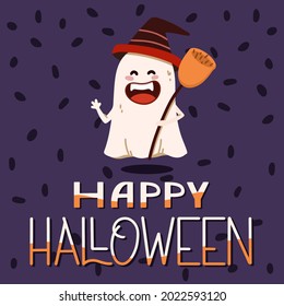 Poster ghost witch. Halloween concept. Vector illustration in flat style