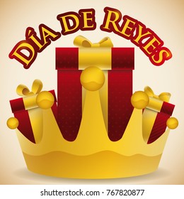 Poster with giant golden crown and some gifts inside it to celebrate Dia de Reyes (written in Spanish).