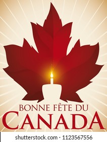 Poster with giant red maple leaf silhouette behind a birthday cake with lighted candle to celebrate a happy Canada Day (written in French).