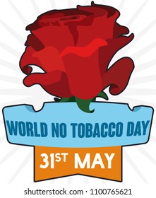 Poster with giant red rose over ashtray and ribbon with reminder date for World No Tobacco Day celebration in May 31.