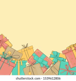 Poster with gift boxes on yellow background with space for your text. Vector illustration in sketch style. Template. Mock up.