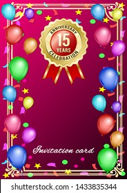 Poster, gift card with colored balloons and gold anniversary label, medal, emblem on a red gradient background. Vertical realistic Vector Illustration