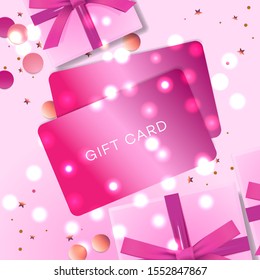 Poster with Gift cards, pink gift box and confetti, vector illustration. Concept for Valentines day