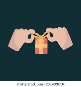 A poster with a gift in hand. Illustration of a box with a present. Hands untie the ribbon at the gift. Icon in color for design. Vector illustration