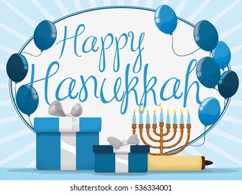 Poster with gifts, chanukiah, scroll and blue balloons with greeting label, ready to celebrate Hanukkah.