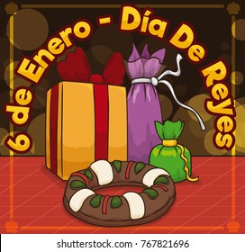 Poster with gifts and delicious king's cake offering to the magi for Dia de Reyes celebration (written in Spanish) in January 6.