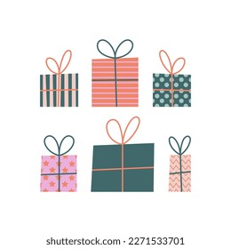 Poster with gifts, different colorful package. Birthday, Christmas and New Year party concept. Hand drawn vector illustration. For greeting card, web and typographic design. Cute colors.