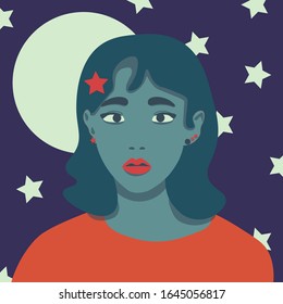 poster with a girl an alien on the background of the moon