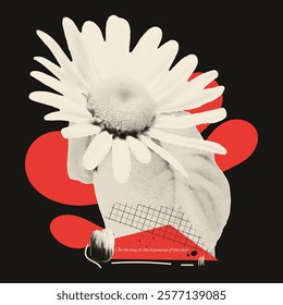 Poster of a girl, a daisy flower in semitones. The concept of love, relationships. Vector.