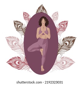 Poster, Girl doing yoga, feathers in the background, yoga pose. Vector illustration