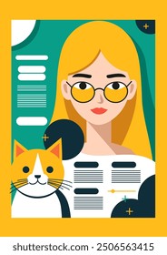 Poster with girl in glasses and cat in flat vector style.
