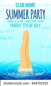 Poster with girl jumping into the water for summer party.