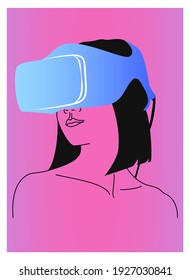 Poster of a girl with short hair using virtual reality device. Vector illustration in the style of cyberpunk.