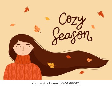 Poster with girl in warm knitted sweater with developing hair and autumn leaves. Template for card, poster, flyer, banner. Vector illustration
