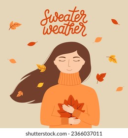 Poster with girl in warm knitted sweater with developing hair and autumn leaves. Template for card, poster, flyer, banner. Vector illustration